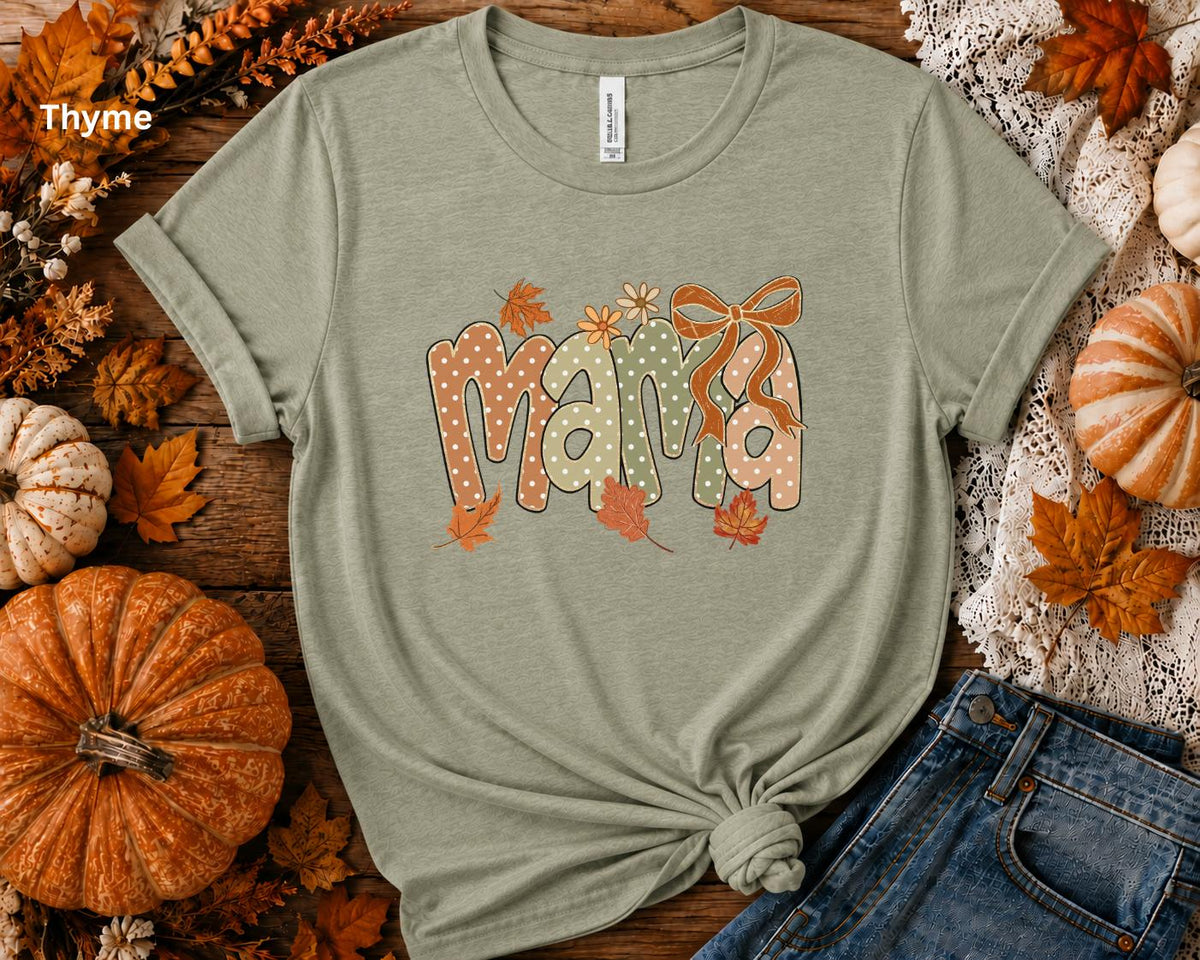 Fall Mama Shirt, Cute Coquette Bow Mama Tee, Autumn Mom Graphic T-Shirt, Pumpkin Season Shirt, Fall Mom Outfit, Women's Boutique Tee