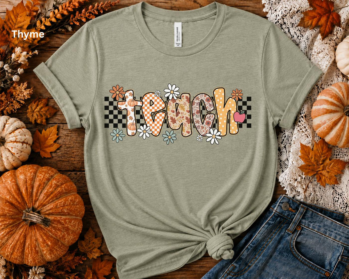 Fall Teacher Shirt, Retro Teacher Tee, Boho Autumn Teacher T-Shirt, Cute Back to School Shirt, Floral Checkerboard Pumpkin Teacher Gift