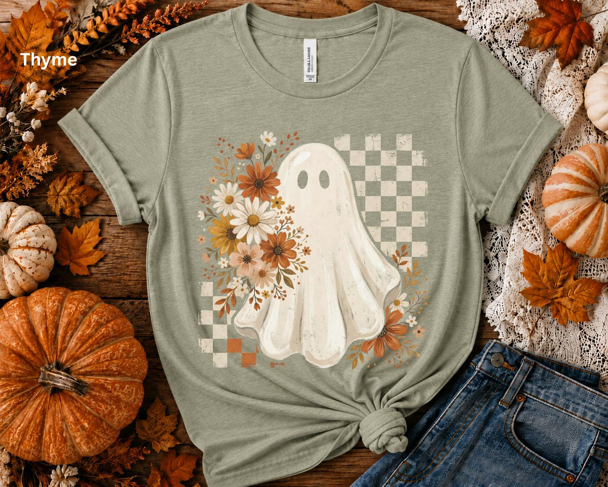 Cute Ghost Halloween Shirt, Boho Ghost T-Shirt, Floral Fall Ghost Tee, Retro Checkerboard Halloween Shirt, Spooky Season Graphic Tee