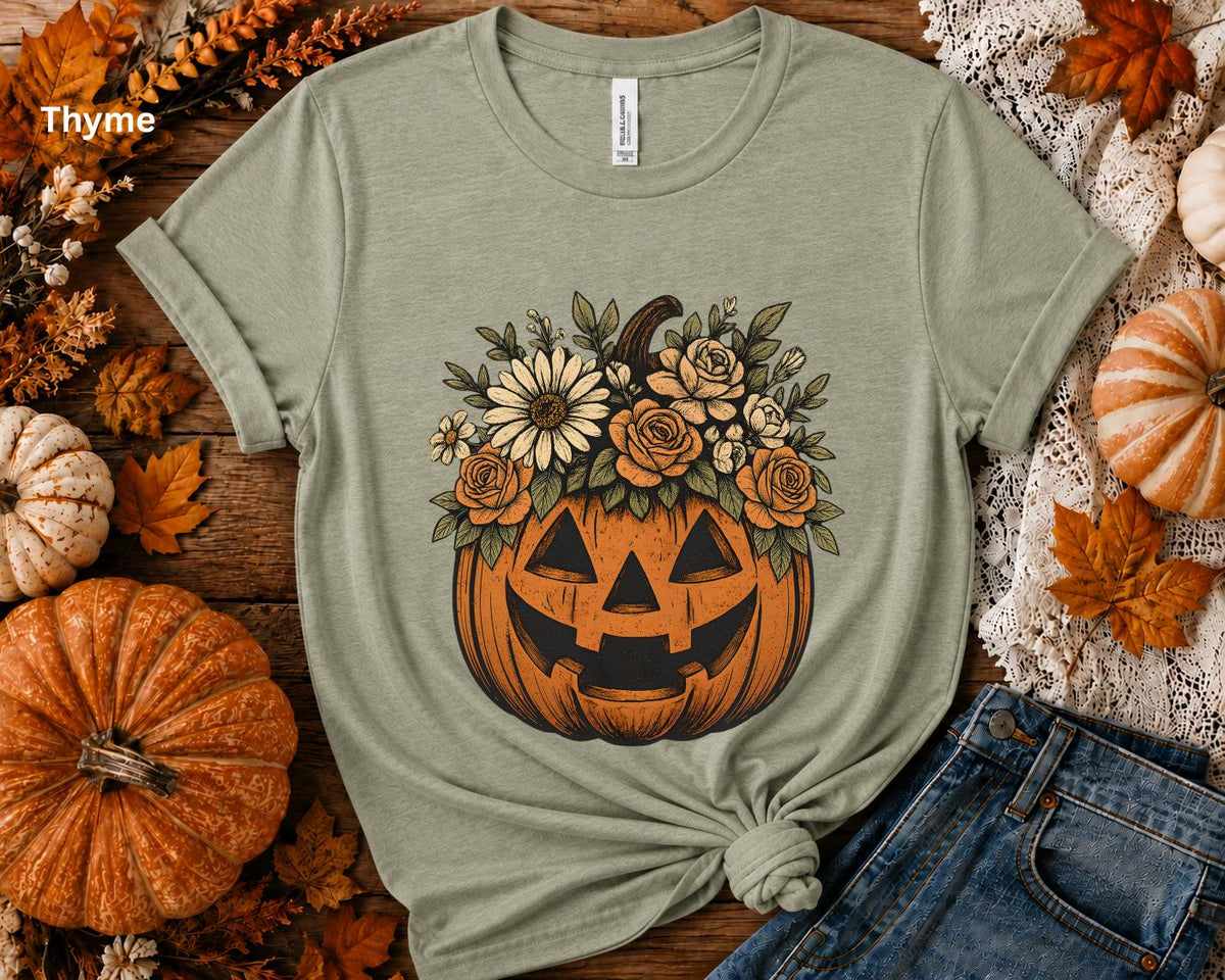 Floral Pumpkin Halloween Shirt, Cute Fall Pumpkin Tee, Boho Autumn Graphic T-Shirt, Cozy Halloween Shirt for Women, Pumpkin Patch Outfit
