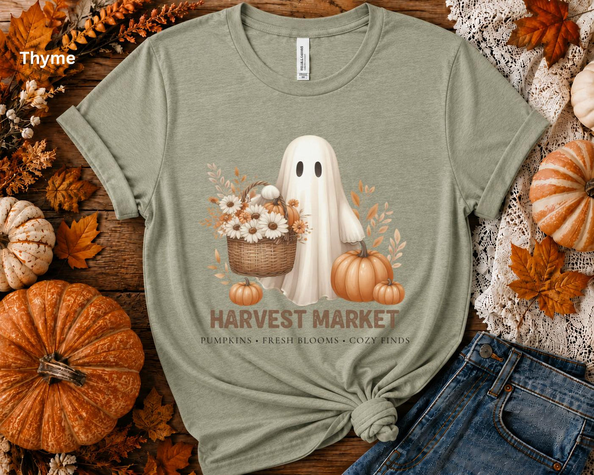 Cute Fall Ghost Tee, Vintage Halloween T-Shirt, Harvest Market Ghost Shirt, Pumpkin Patch Shirt, Cozy Autumn Graphic Tee, Spooky Season Top