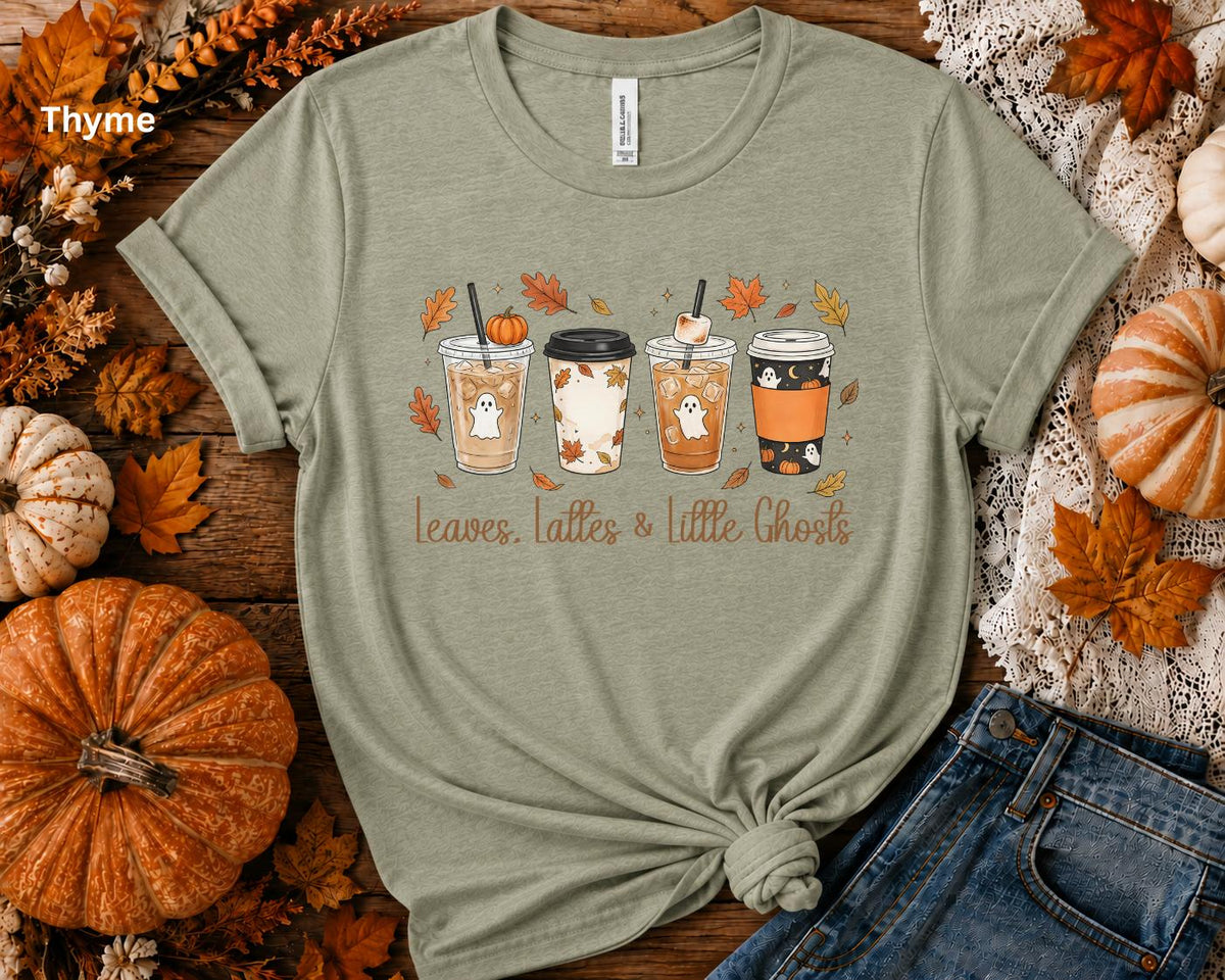Leaves, Lattes & Little Ghosts Shirt, Cute Fall Coffee Shirt, Spooky Season Tee, Ghost Coffee Lover Shirt
