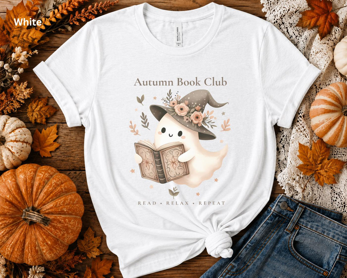 Autumn Book Club Shirt, Ghost Book Lover Tee, Cute Reading Shirt, Floral Halloween Tee, Bookish Fall T-Shirt, Spooky Season Reader Gift