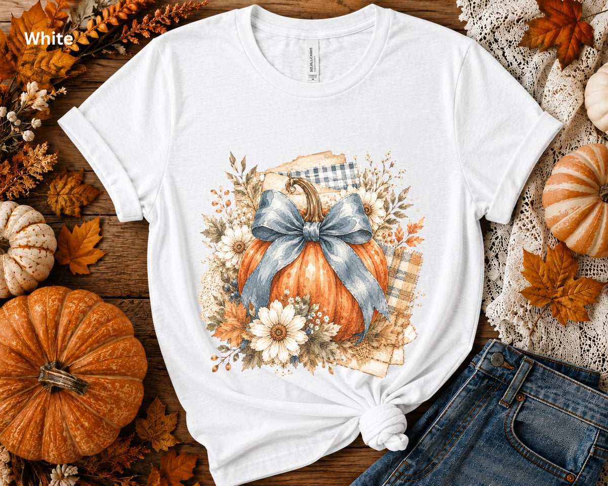 Blue Bow Pumpkin T-Shirt, Coquette Fall Tee, Floral Pumpkin Shirt, Cute Autumn Graphic Tee, Pumpkin Patch Shirt, Women's Thanksgiving Shirt