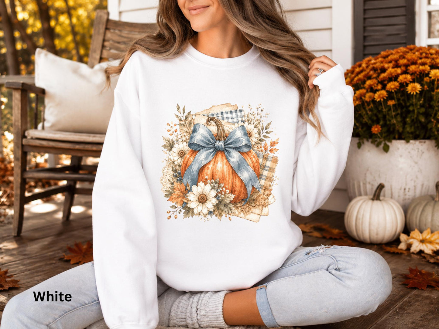 Blue Bow Pumpkin Sweatshirt, Fall Pumpkin Crewneck, Coquette Autumn Sweatshirt, Floral Pumpkin Sweatshirt, Cozy Fall Thanksgiving Crewneck