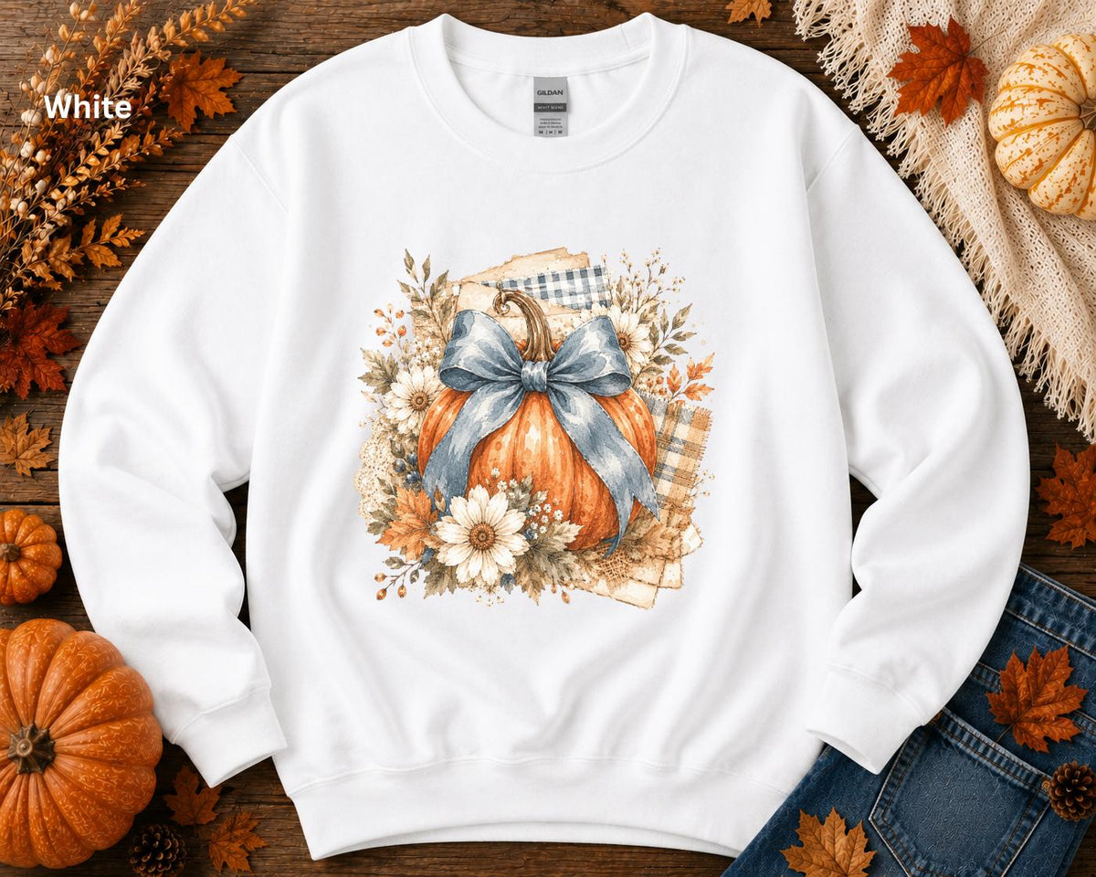 Blue Bow Pumpkin Sweatshirt, Fall Pumpkin Crewneck, Coquette Autumn Sweatshirt, Floral Pumpkin Sweatshirt, Cozy Fall Thanksgiving Crewneck