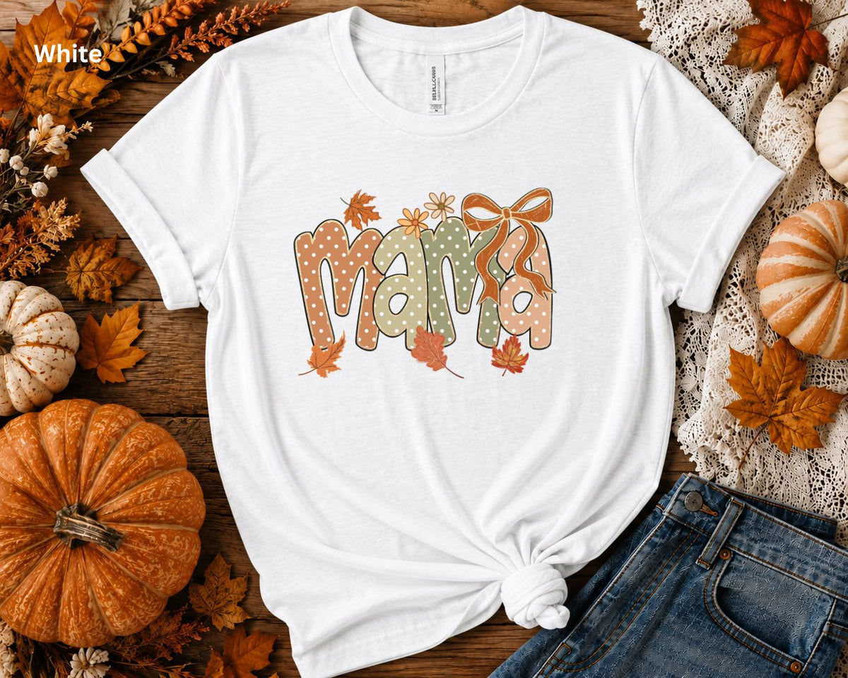 Fall Mama Shirt, Cute Coquette Bow Mama Tee, Autumn Mom Graphic T-Shirt, Pumpkin Season Shirt, Fall Mom Outfit, Women's Boutique Tee