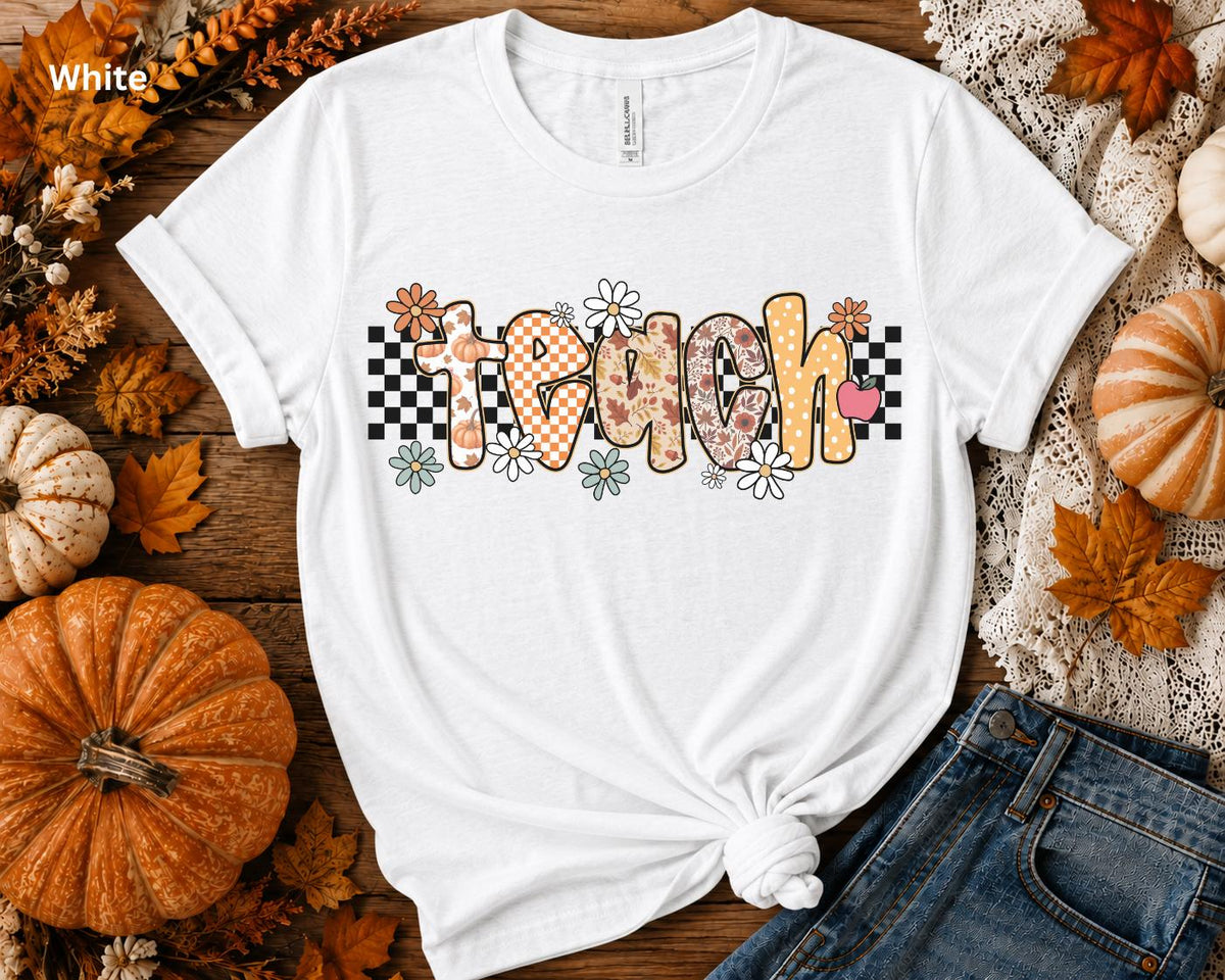 Fall Teacher Shirt, Retro Teacher Tee, Boho Autumn Teacher T-Shirt, Cute Back to School Shirt, Floral Checkerboard Pumpkin Teacher Gift