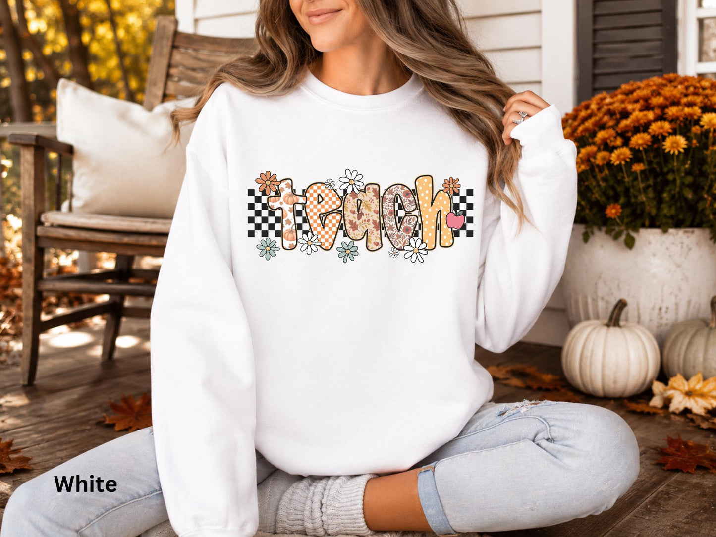 Fall Teacher Sweatshirt, Retro Teacher Crewneck, Boho Autumn Back to School Sweatshirt, Cozy Floral Pumpkin Checkerboard Teacher Gift