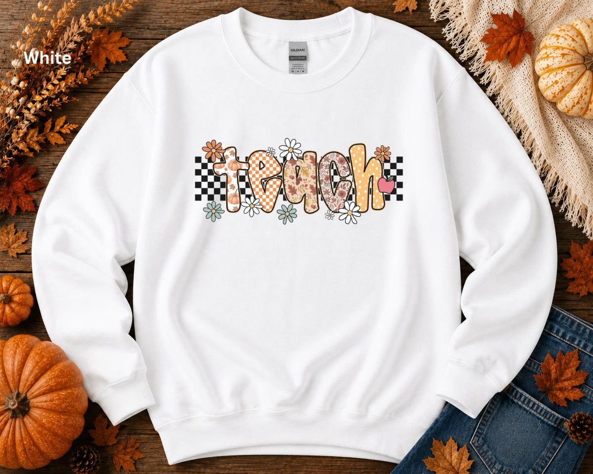 Fall Teacher Sweatshirt, Retro Teacher Crewneck, Boho Autumn Back to School Sweatshirt, Cozy Floral Pumpkin Checkerboard Teacher Gift