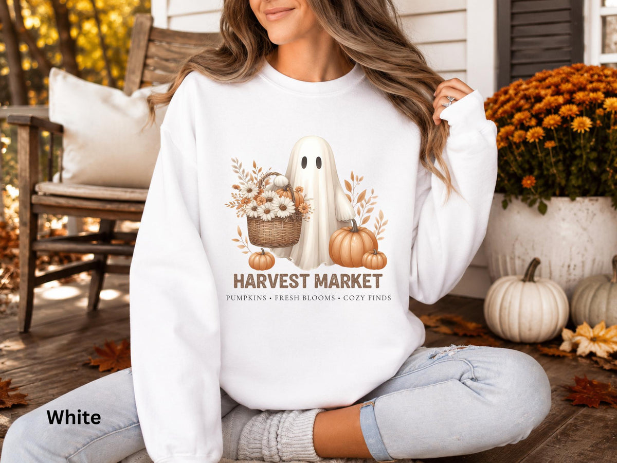 Harvest Market Ghost Sweatshirt, Cute Fall Ghost Crewneck, Vintage Halloween Sweatshirt, Pumpkin Patch Crewneck, Cozy Autumn Sweatshirt