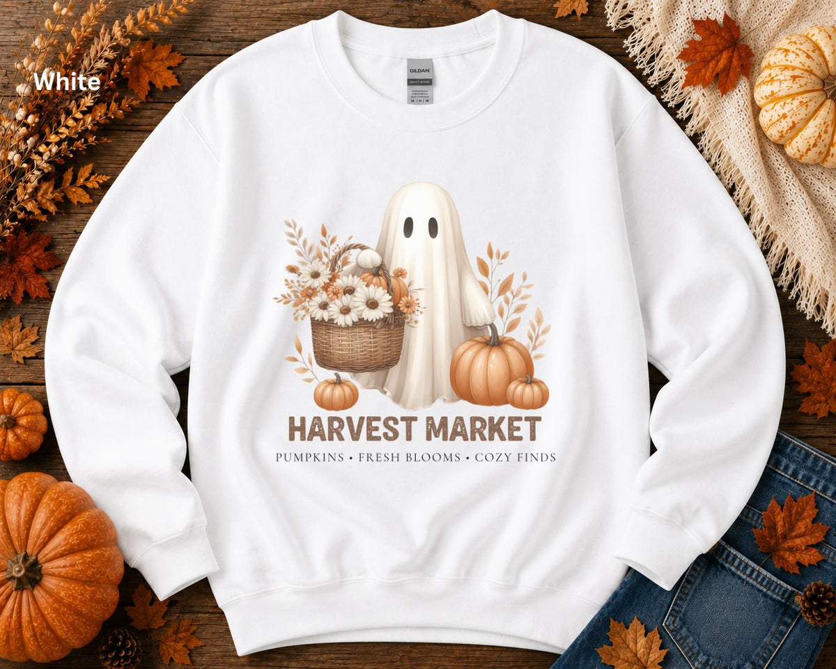 Harvest Market Ghost Sweatshirt, Cute Fall Ghost Crewneck, Vintage Halloween Sweatshirt, Pumpkin Patch Crewneck, Cozy Autumn Sweatshirt