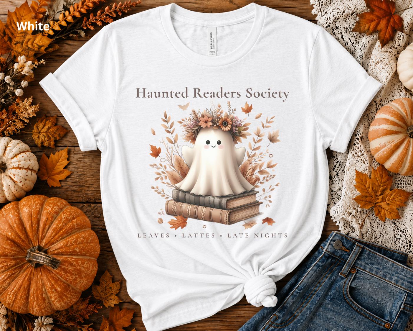 Haunted Readers Society Shirt, Ghost Book Lover Tee, Bookish Fall T-Shirt, Cozy Reader Graphic Tee, Autumn Book Club Shirt, Book Lover Gift