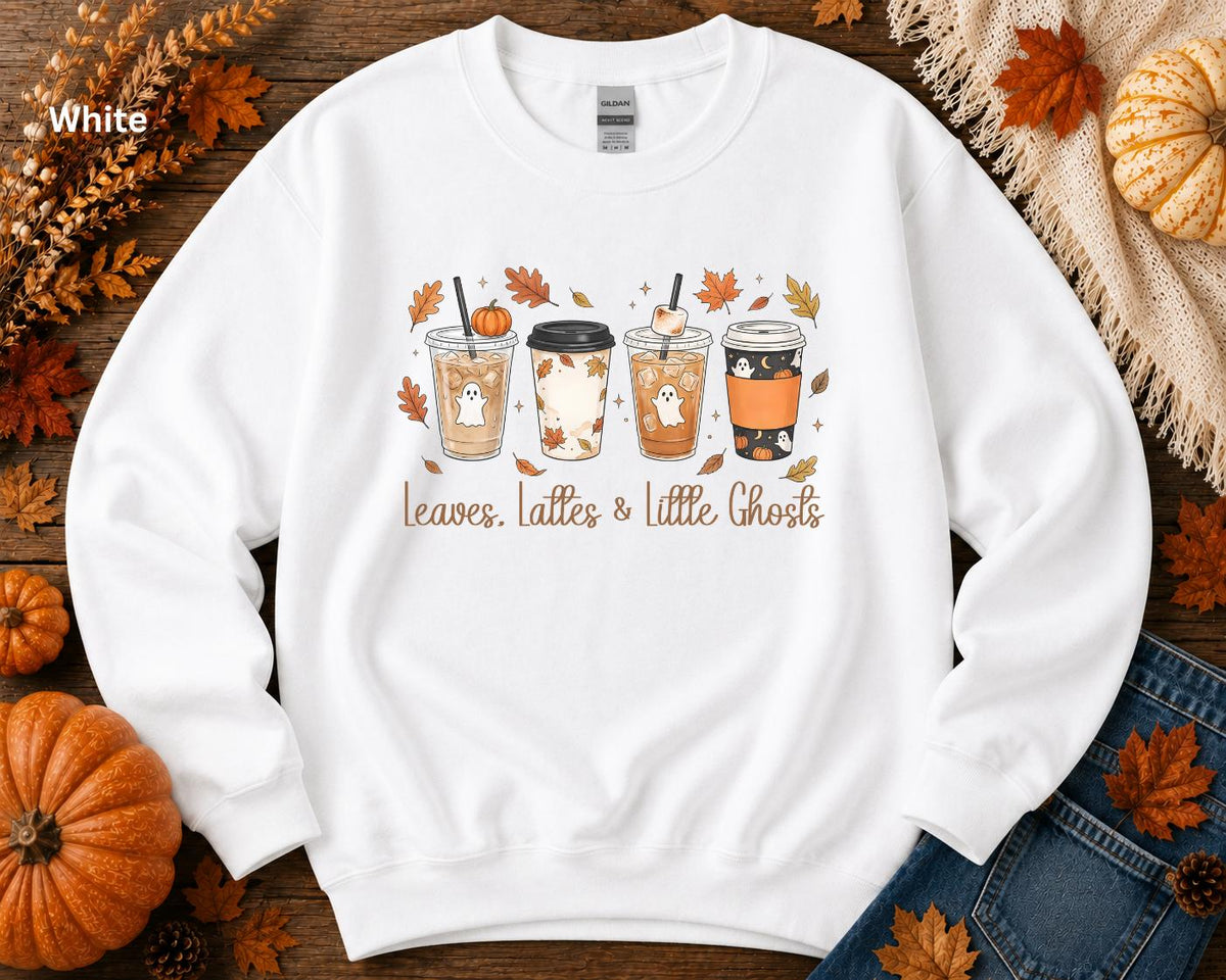 Leaves Lattes & Little Ghosts Sweatshirt, Cute Fall Crewneck, Cozy Coffee Lover Sweatshirt, Spooky Season Crewneck, Pumpkin Spice Sweatshirt