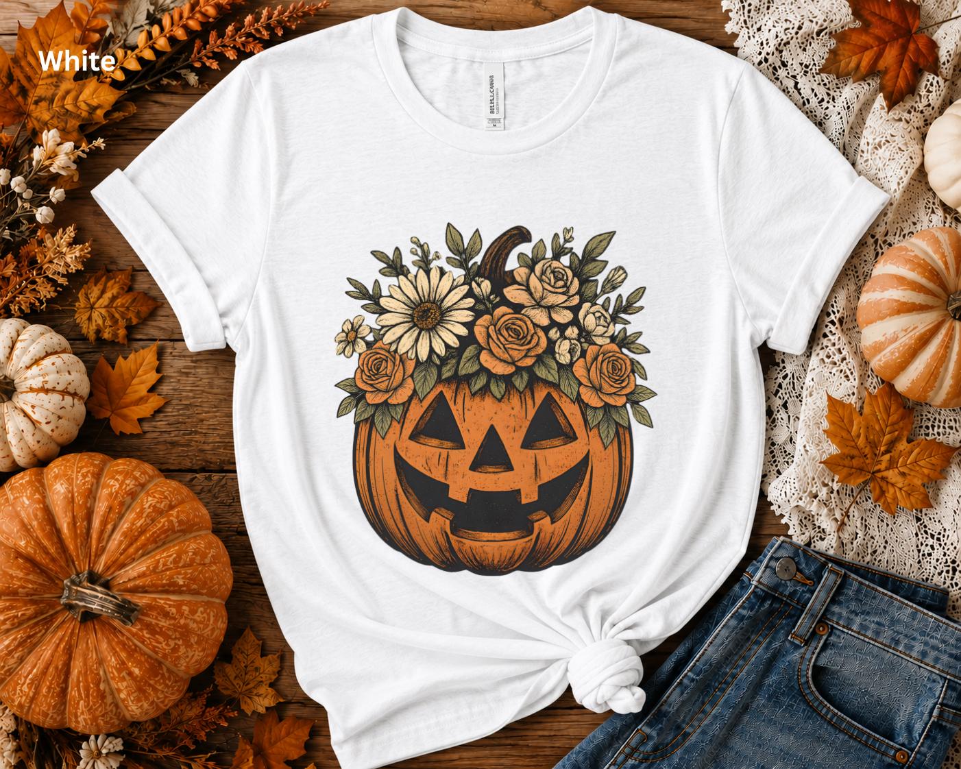 Floral Pumpkin Halloween Shirt, Cute Fall Pumpkin Tee, Boho Autumn Graphic T-Shirt, Cozy Halloween Shirt for Women, Pumpkin Patch Outfit