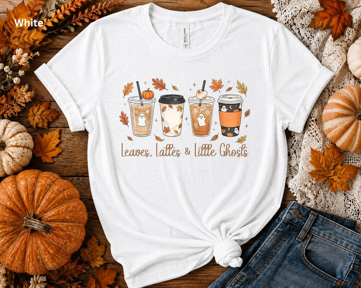 Leaves, Lattes & Little Ghosts Shirt, Cute Fall Coffee Shirt, Spooky Season Tee, Ghost Coffee Lover Shirt