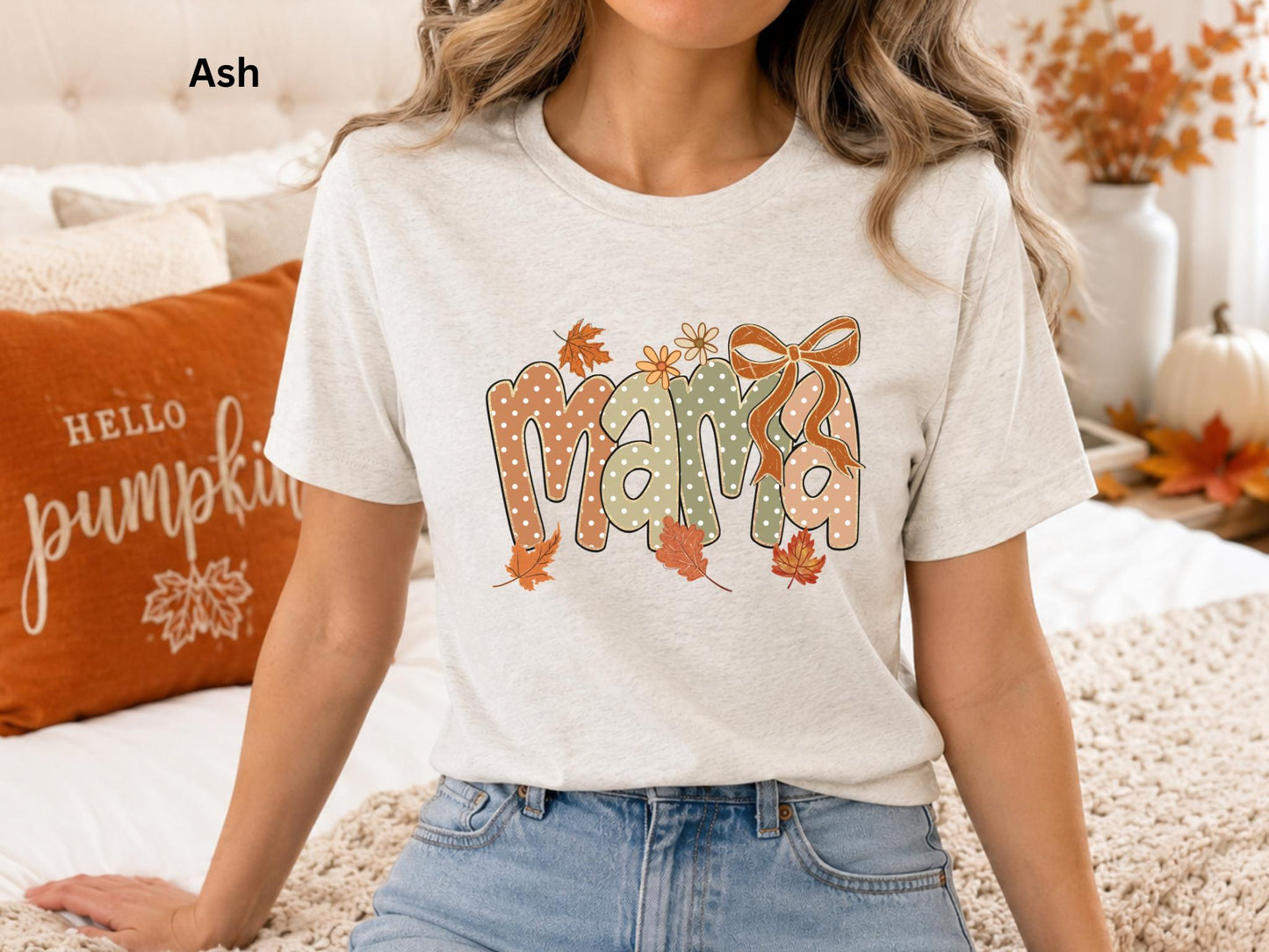 Fall Mama Shirt, Cute Coquette Bow Mama Tee, Autumn Mom Graphic T-Shirt, Pumpkin Season Shirt, Fall Mom Outfit, Women's Boutique Tee