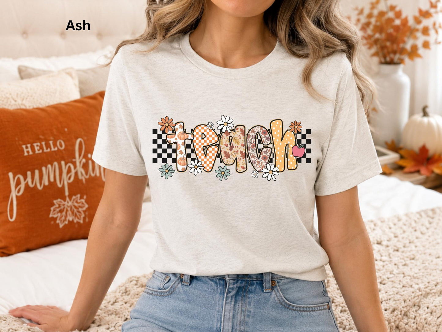 Fall Teacher Shirt, Retro Teacher Tee, Boho Autumn Teacher T-Shirt, Cute Back to School Shirt, Floral Checkerboard Pumpkin Teacher Gift