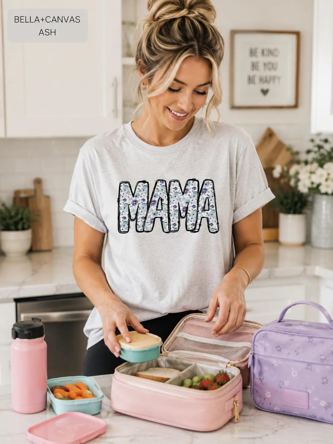 Floral Mama T-Shirt, Purple Blue Flower Letters, Bella Canvas Tee