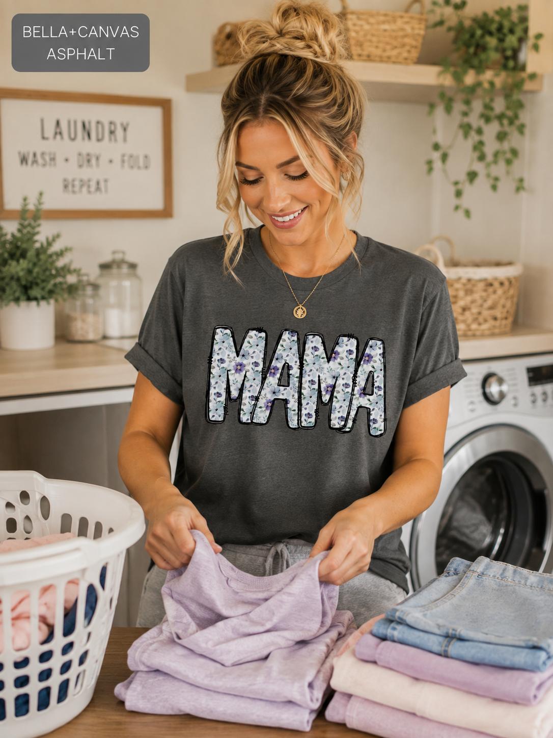 Floral Mama T-Shirt, Purple Blue Flower Letters, Bella Canvas Tee