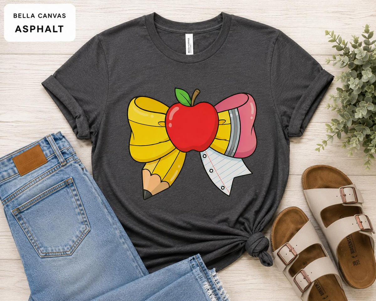 Teacher Apple Pencil Bow Shirt, Back to School Coquette Graphic Tee