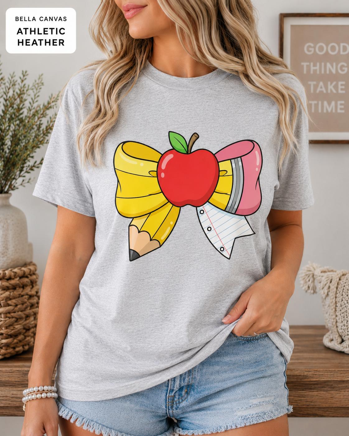 Teacher Apple Pencil Bow Shirt, Back to School Coquette Graphic Tee