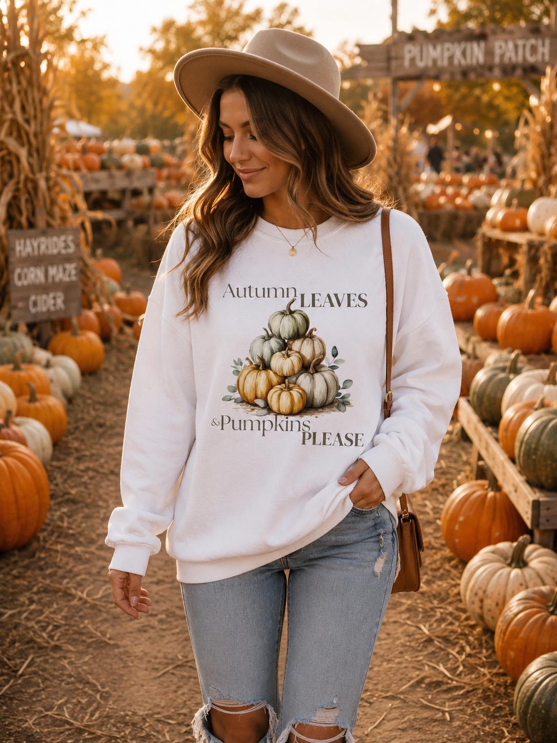Autumn Leaves & Pumpkins Please Sweatshirt, Cozy Fall Crewneck, Pumpkin Sweatshirt, Autumn Graphic Sweatshirt, Fall Gift for Her