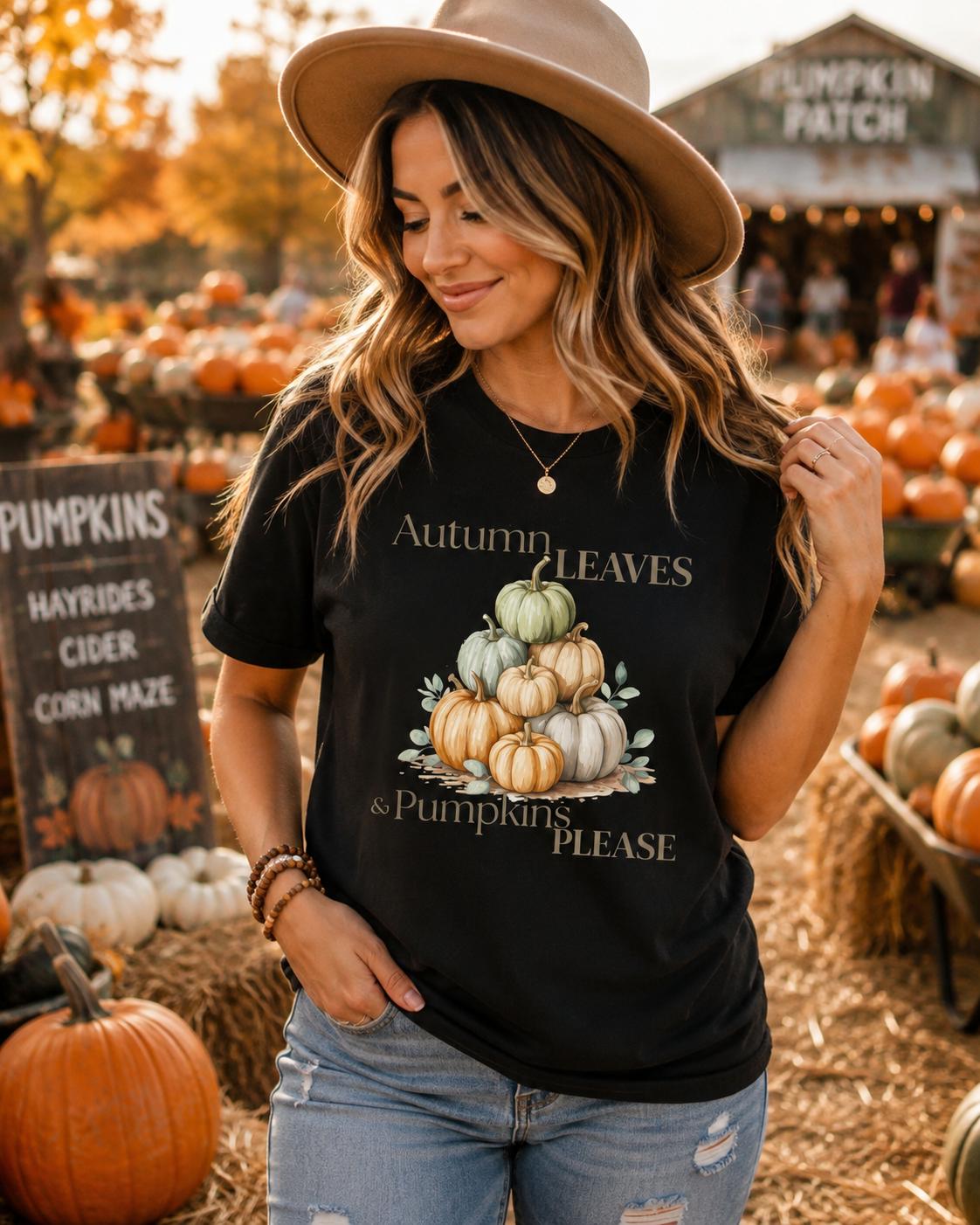 Autumn Leaves & Pumpkins Please Shirt, Cute Fall Pumpkin T-Shirt, Cozy Autumn Graphic Tee, Fall Leaves Shirt, Pumpkin Lover Gift