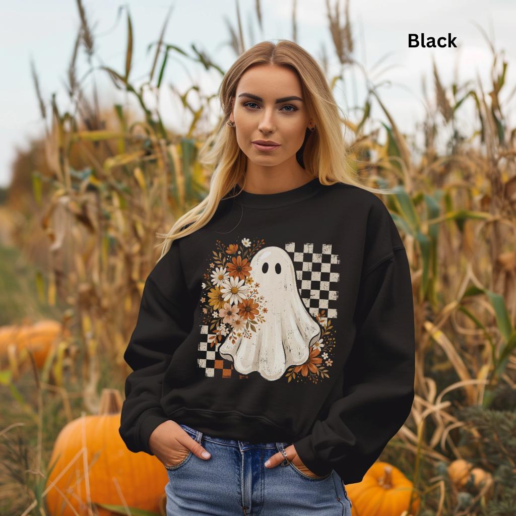 Cute Ghost Halloween Sweatshirt, Boho Ghost Crewneck, Retro Checkerboard Halloween Pullover, Spooky Season Fall Crewneck for Women