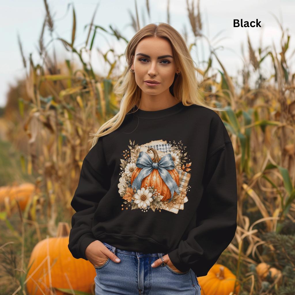 Blue Bow Pumpkin Sweatshirt, Fall Pumpkin Crewneck, Coquette Autumn Sweatshirt, Floral Pumpkin Sweatshirt, Cozy Fall Thanksgiving Crewneck