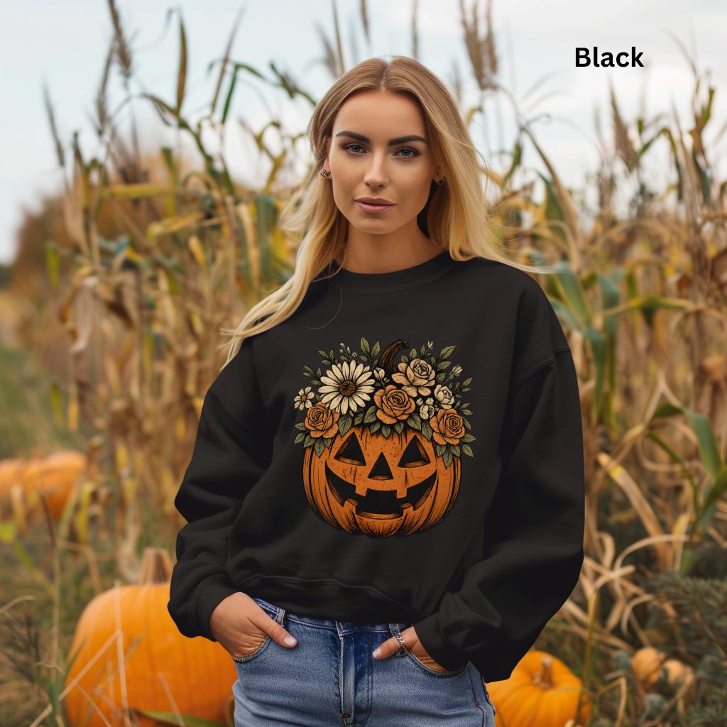Floral Halloween Sweatshirt, Cute Fall Crewneck, Vintage Pumpkin Sweatshirt, Cozy Autumn Graphic Sweatshirt, Pumpkin Patch Outfit