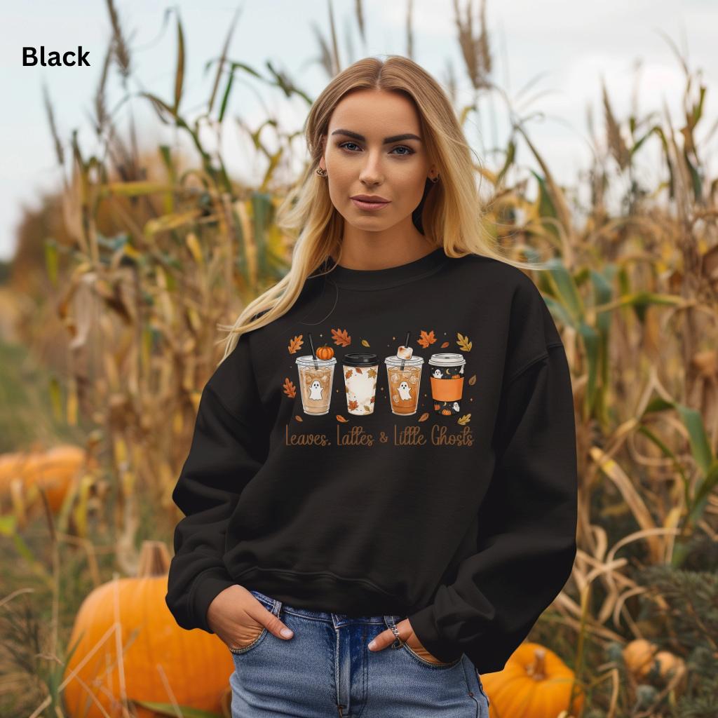 Leaves Lattes & Little Ghosts Sweatshirt, Cute Fall Crewneck, Cozy Coffee Lover Sweatshirt, Spooky Season Crewneck, Pumpkin Spice Sweatshirt