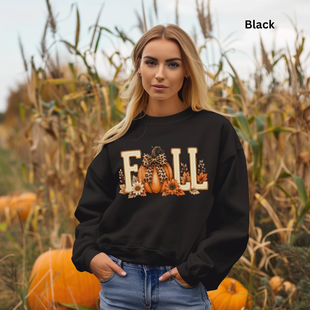 Fall Pumpkin Sweatshirt, Cute Autumn Crewneck, Leopard Bow Pumpkin Sweatshirt, Cozy Fall Graphic Sweatshirt, Pumpkin Patch Outfit