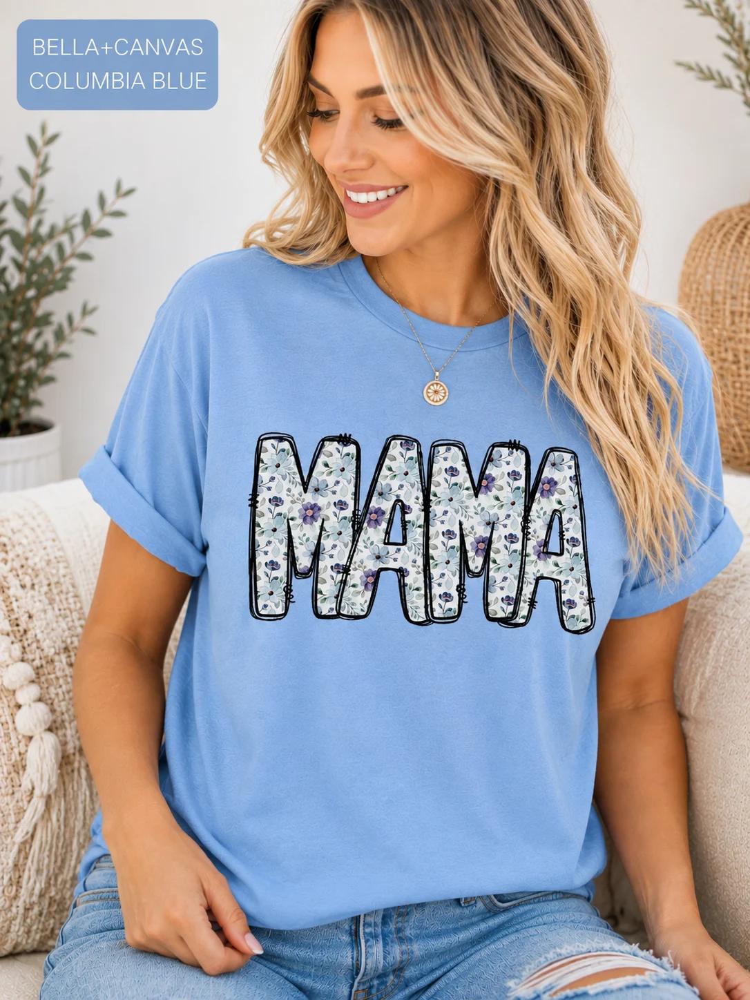 Floral Mama T-Shirt, Purple Blue Flower Letters, Bella Canvas Tee