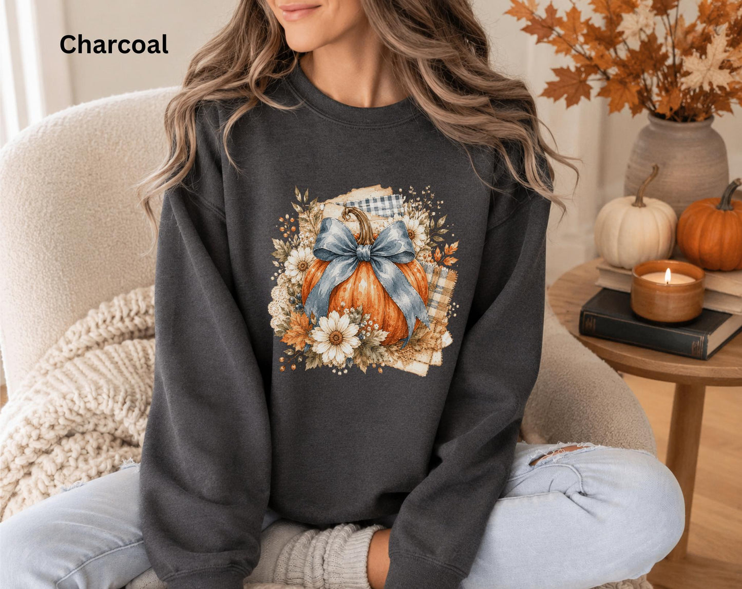 Blue Bow Pumpkin Sweatshirt, Fall Pumpkin Crewneck, Coquette Autumn Sweatshirt, Floral Pumpkin Sweatshirt, Cozy Fall Thanksgiving Crewneck