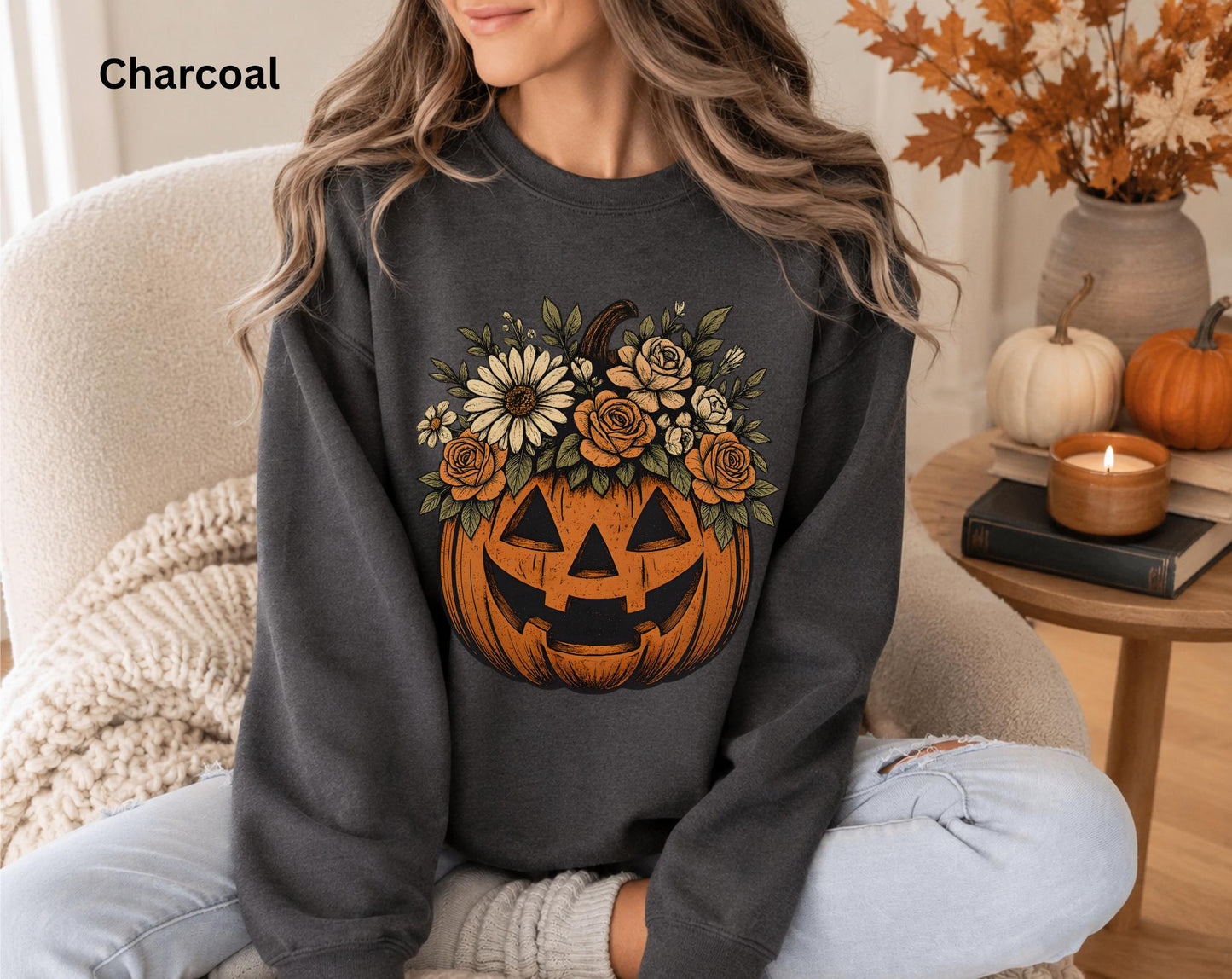 Floral Halloween Sweatshirt, Cute Fall Crewneck, Vintage Pumpkin Sweatshirt, Cozy Autumn Graphic Sweatshirt, Pumpkin Patch Outfit