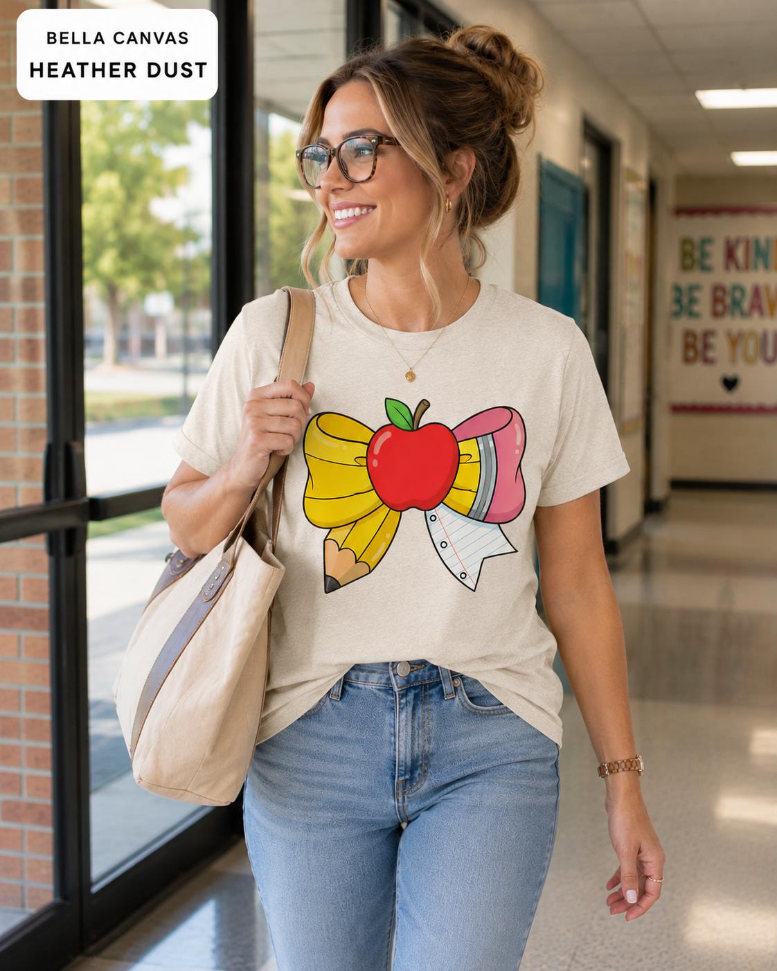 Teacher Apple Pencil Bow Shirt, Back to School Coquette Graphic Tee