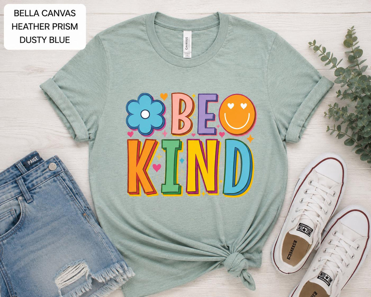 Be Kind Shirt, Retro Kindness Tee, Positive Vibes Shirt, Rainbow Smiley Graphic Tee