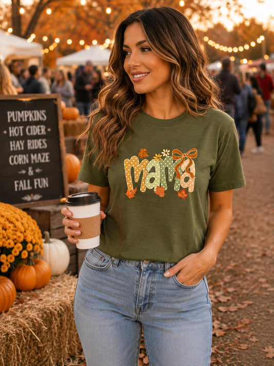 Fall Mama Shirt, Cute Coquette Bow Mama Tee, Autumn Mom Graphic T-Shirt, Pumpkin Season Shirt, Fall Mom Outfit, Women's Boutique Tee