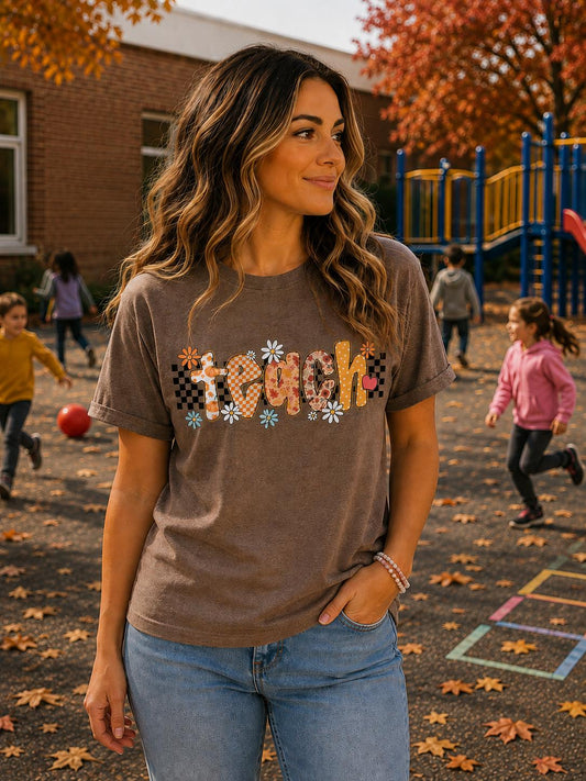 Fall Teacher Shirt, Retro Teacher Tee, Boho Autumn Teacher T-Shirt, Cute Back to School Shirt, Floral Checkerboard Pumpkin Teacher Gift