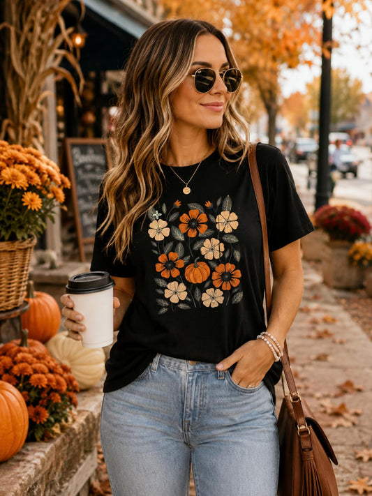 Boho Floral Pumpkin T-shirt, Cute Fall Graphic Tee, Vintage Autumn Flowers Shirt, Cottagecore Pumpkin Tee, Cozy Fall Boutique Women's Shirt