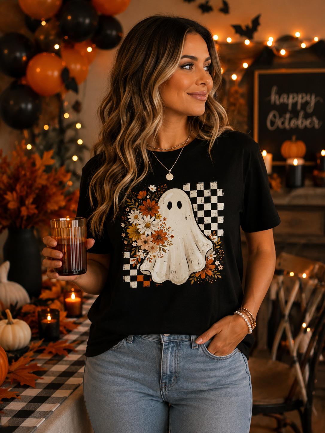 Cute Ghost Halloween Shirt, Boho Ghost T-Shirt, Floral Fall Ghost Tee, Retro Checkerboard Halloween Shirt, Spooky Season Graphic Tee