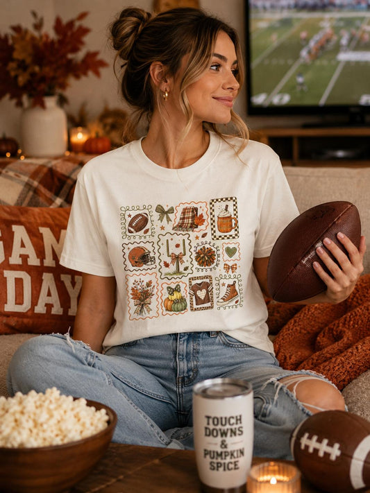 Fall Football Collage T-Shirt, Cute Game Day Graphic Tee, Cozy Autumn Football Shirt, Women's Football Season Tee