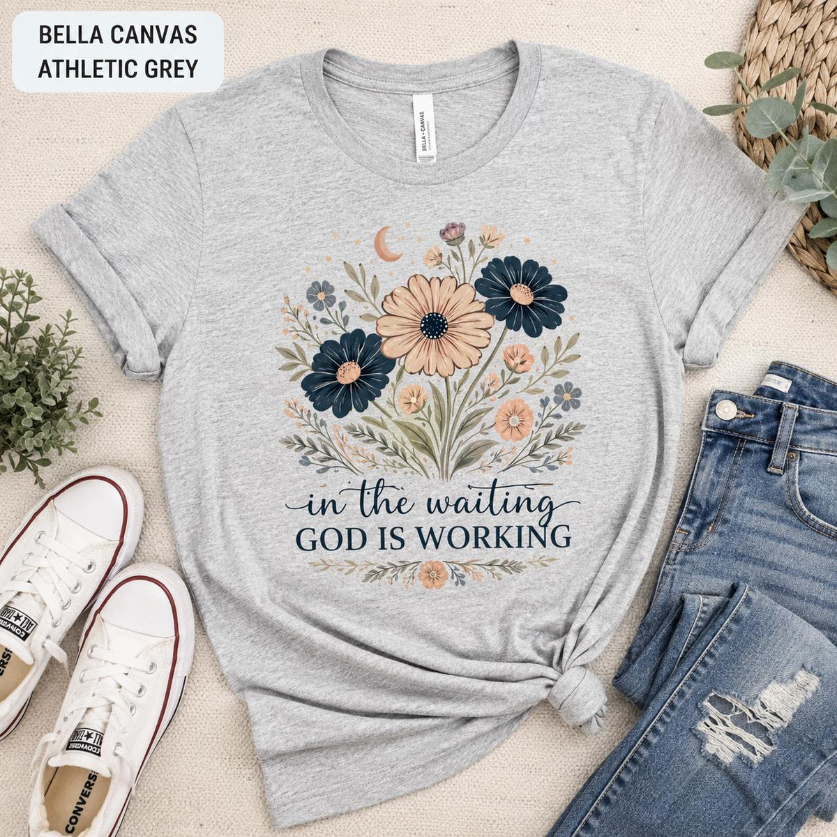 In The Waiting, God is Working Tee, Trendy Christian TShirt