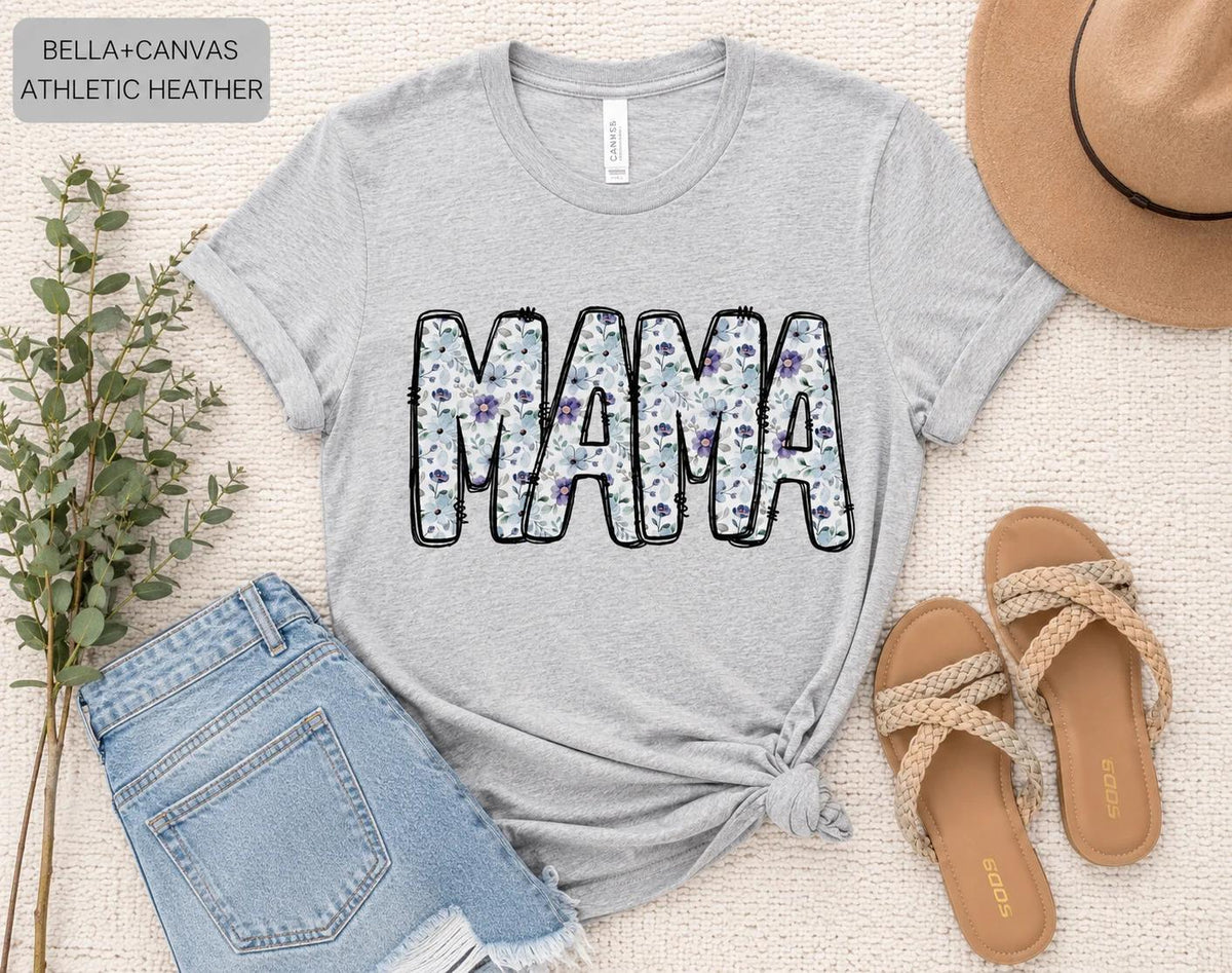 Floral Mama T-Shirt, Purple Blue Flower Letters, Bella Canvas Tee