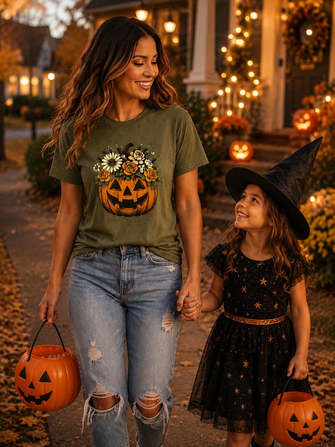Floral Pumpkin Halloween Shirt, Cute Fall Pumpkin Tee, Boho Autumn Graphic T-Shirt, Cozy Halloween Shirt for Women, Pumpkin Patch Outfit