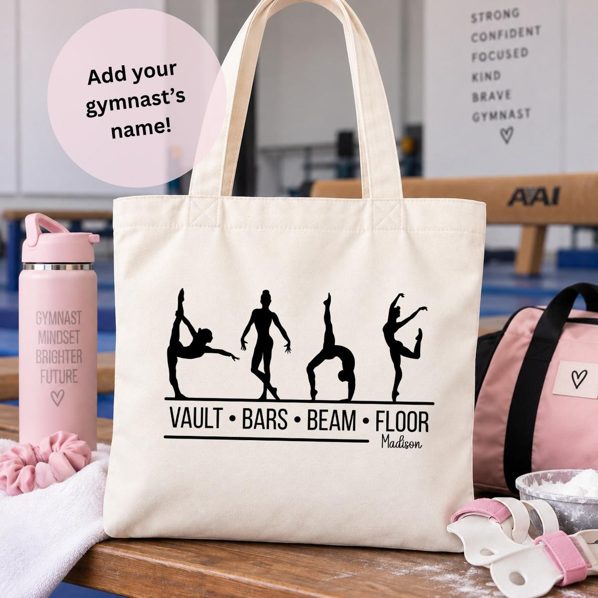 Personalized Gymnastics Tote Bag, Gymnast Gift for Girls, Gymnastics Bag, Vault Bars Beam Floor, Gymnast Gift