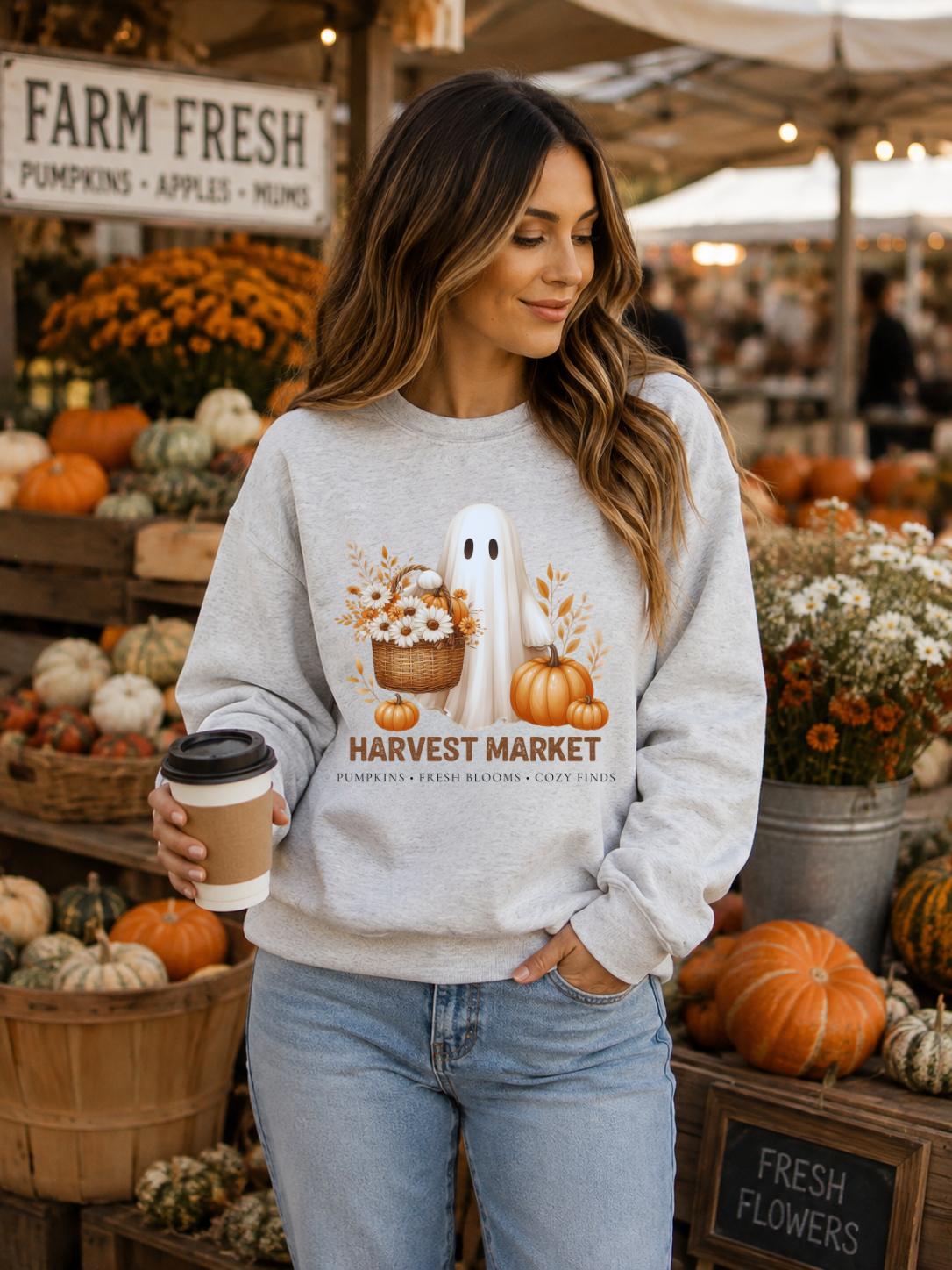 Harvest Market Ghost Sweatshirt, Cute Fall Ghost Crewneck, Vintage Halloween Sweatshirt, Pumpkin Patch Crewneck, Cozy Autumn Sweatshirt