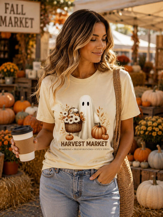 Cute Fall Ghost Tee, Vintage Halloween T-Shirt, Harvest Market Ghost Shirt, Pumpkin Patch Shirt, Cozy Autumn Graphic Tee, Spooky Season Top