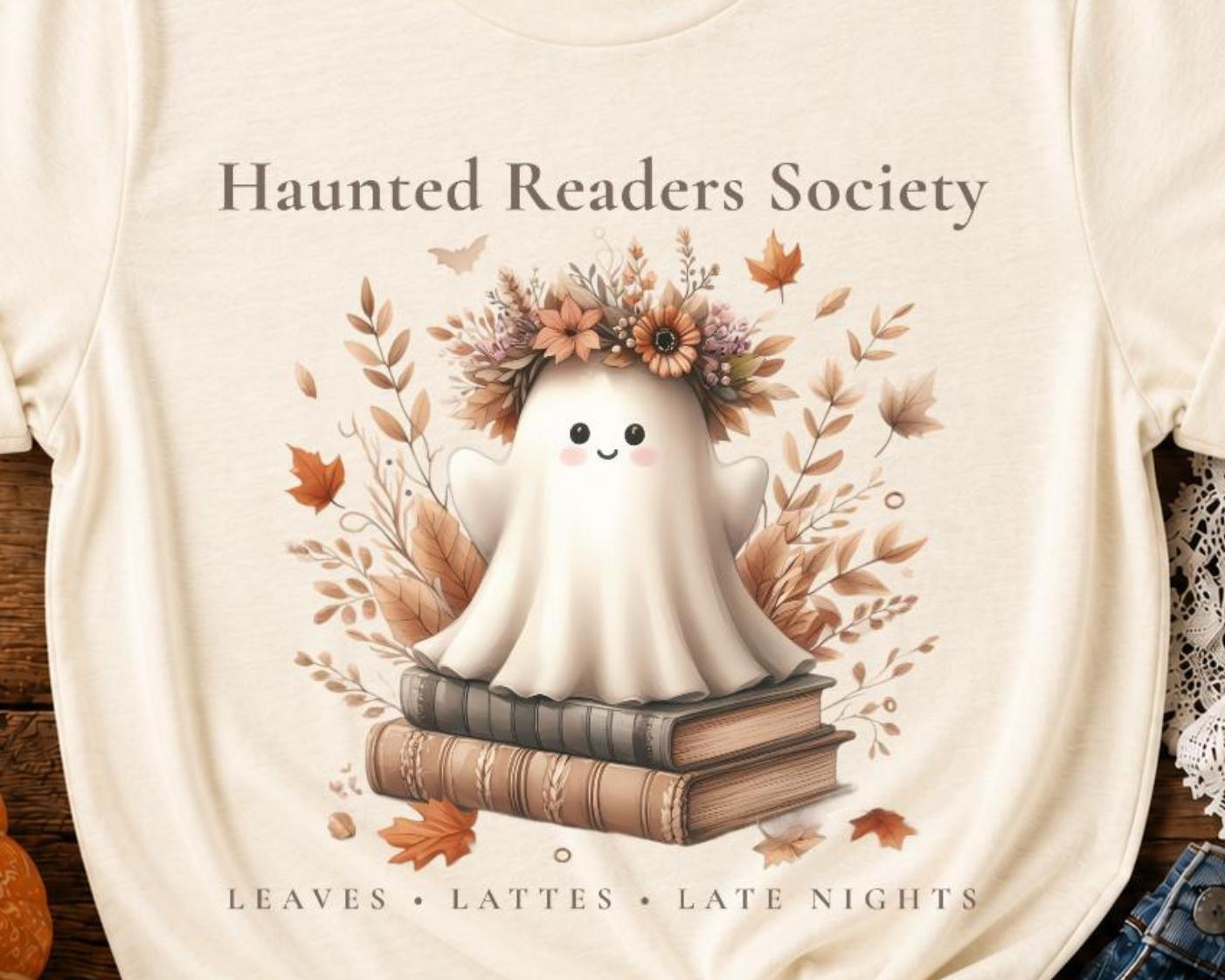 Haunted Readers Society Shirt, Ghost Book Lover Tee, Bookish Fall T-Shirt, Cozy Reader Graphic Tee, Autumn Book Club Shirt, Book Lover Gift